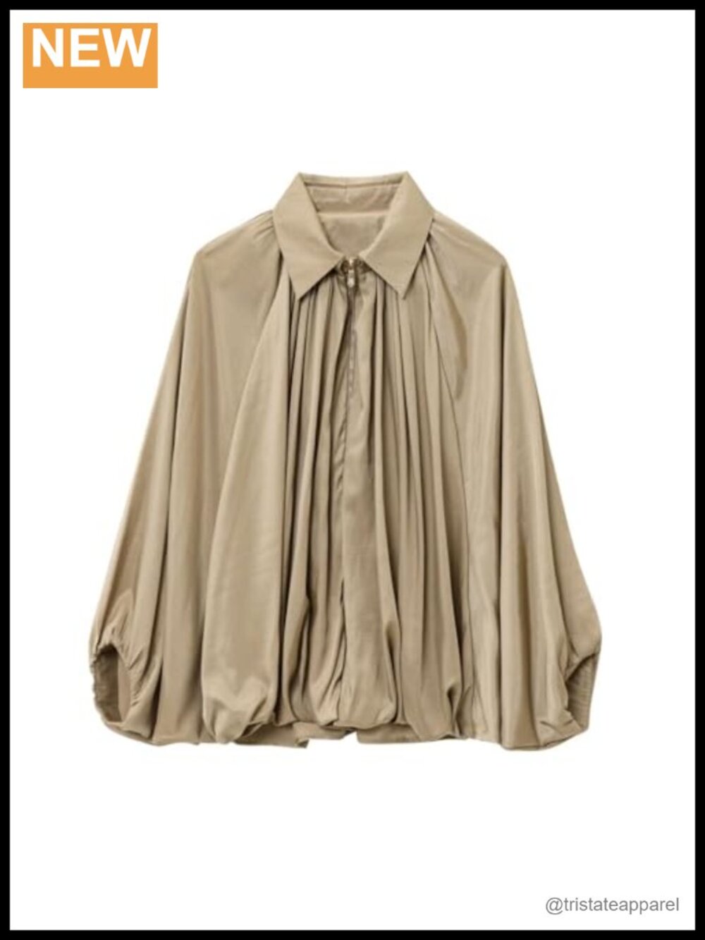 Puffed Bomber Jacket Oversized Batwing Sleeve Zip Front Pleated